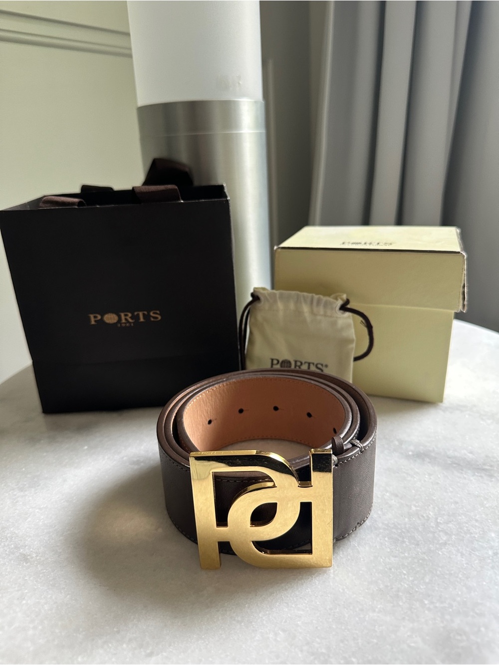 Ports 1961 Taupe Leather Belt with Gold Signature Buckle